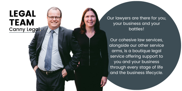 Pictured, Adam Wightman and Karlene Wightman standing next to each other. On the right hand side is a dark blue circle with an introduction to the services Canny Legal offers
